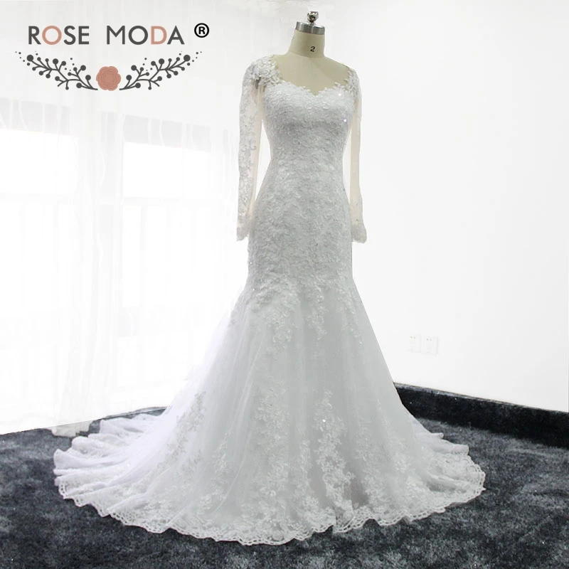 Роза Moda реальное изображение с длинным рукавом кружево Русалка свадебное платье Иллюзия Назад назначения Свадебные платья