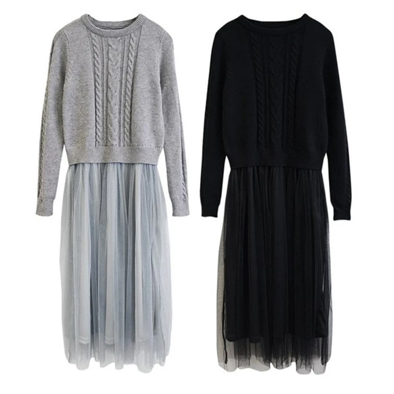 Sexy Long Christmas Sweater Knitted Dress Autumn Winter Sleeve Mesh Patchwork Women Jumper Office | Женская одежда