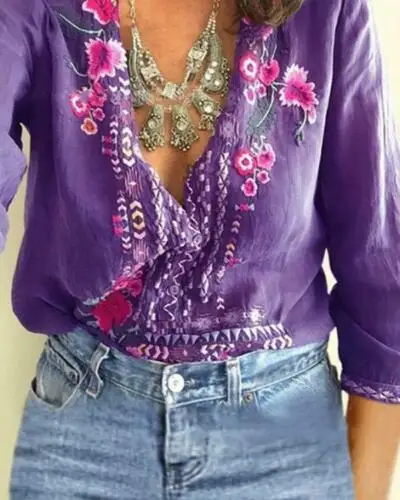 Женская блузка с длинными рукавами Повседневная Свободная рубашка вышивкой и