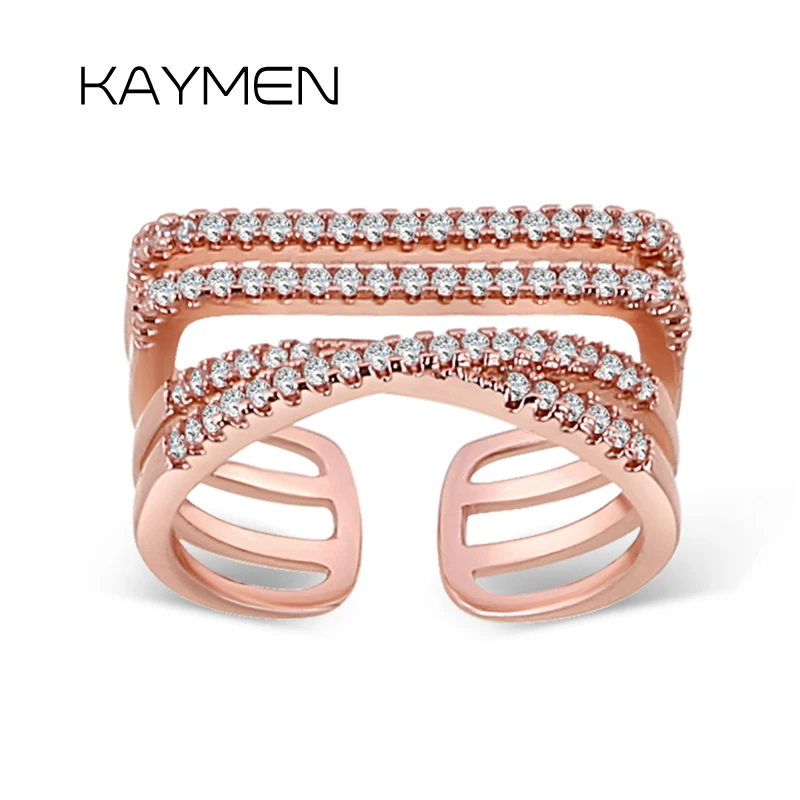 

KAYMEN New Exquisite Metal Statement Resizeable Ring for Girls Women Gold Plating with Full Zircon Opened Cuff Rings Jewelry