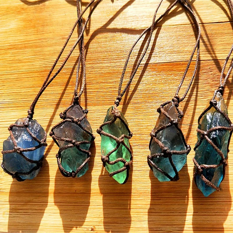 Natural Quartz Crystal Stone Blue-Green Fluorite Treatment Ornament Pendant With Hand-Woven Braided Ro | Украшения и аксессуары