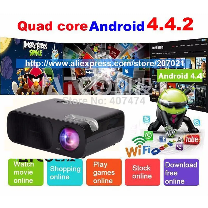Wireless LCD LED Android 4.4 Wi-Fi Miracast HD Видеопроектор 1080 P 3D Bluetooth 4.0 Для Домашнего Кинотеатра