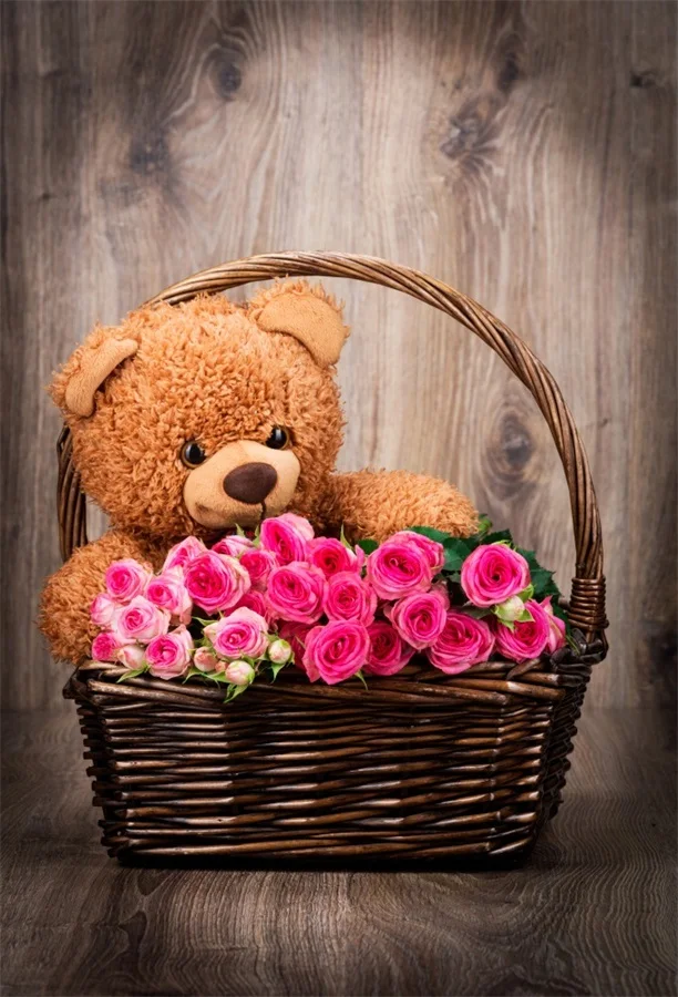 Laeacco Toy Bear Rose Flowers Basket Wooden Floor Photography Backgrounds Vinyl Custom Photographic Backdrops For Photo Studio |