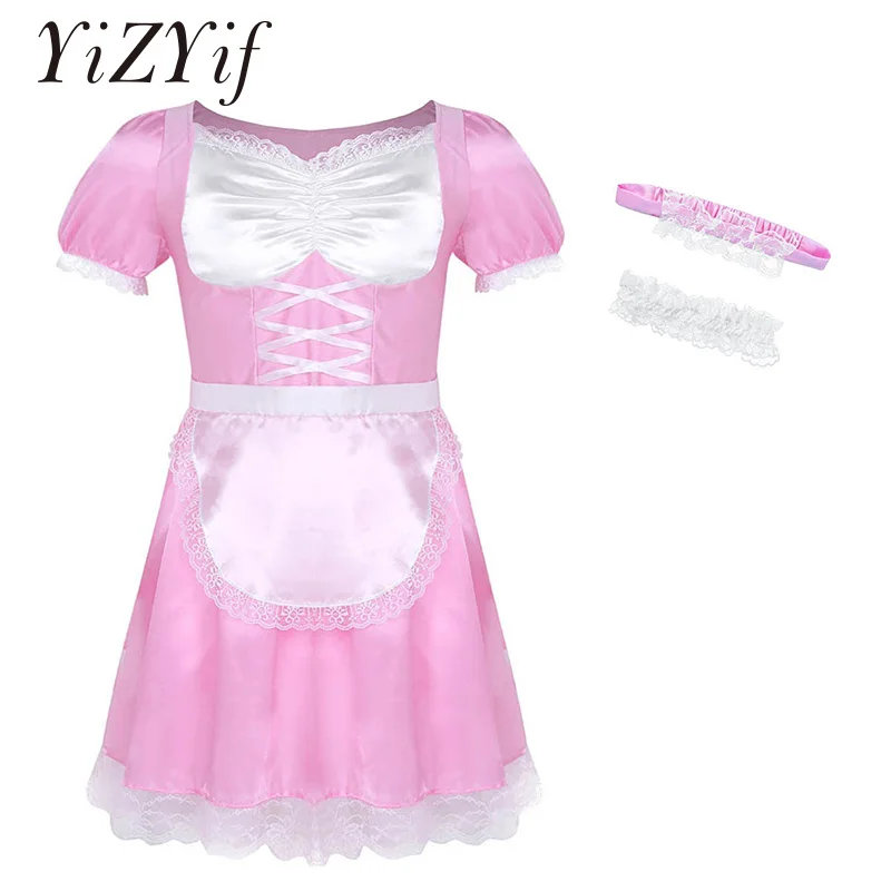 

Сексуальная мужская униформа горничной YiZYiF, наряд, костюм с коротким рукавом, атласное платье с чокером и повязкой на голову, Мужская горнич...