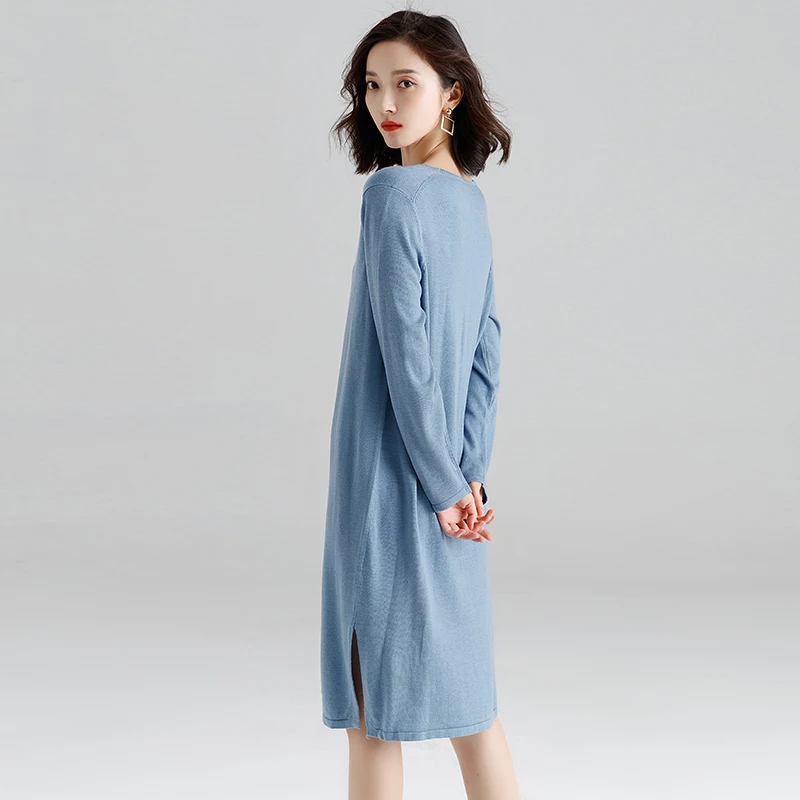 Новое весеннее женское вязаное шерстяное платье элегантное с разрезом сбоку