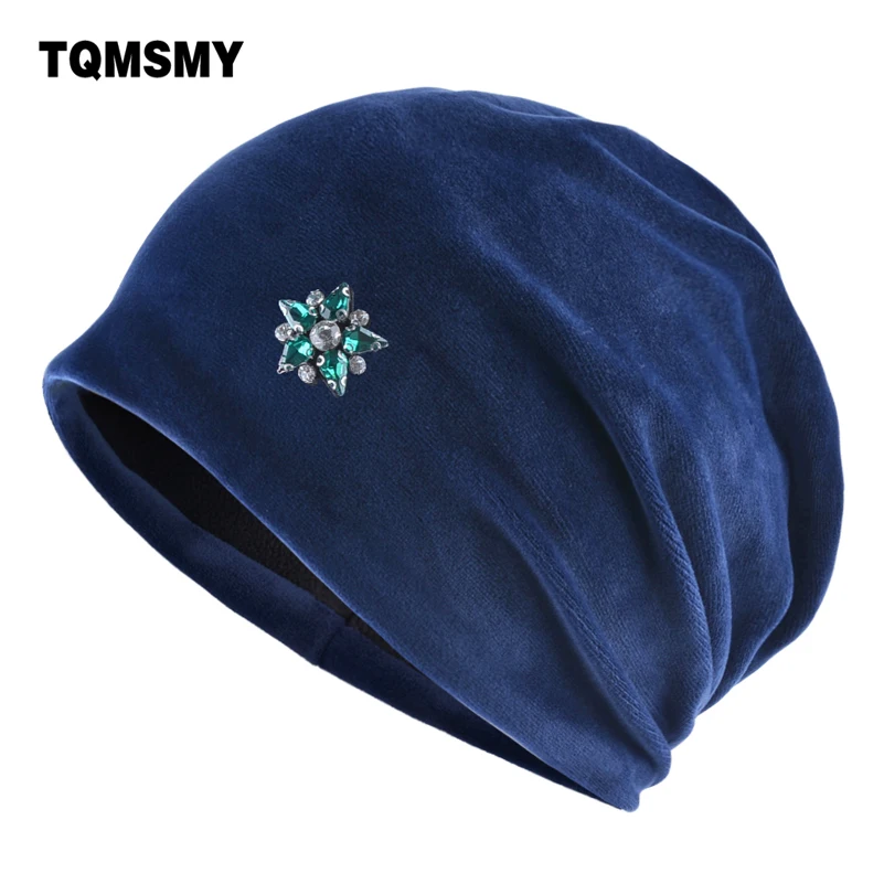 

Rhinestone pentagram hats for women Velvet beanie Double Layer Skullies Turban cap autumn girls bonnet winter hats women's gorro