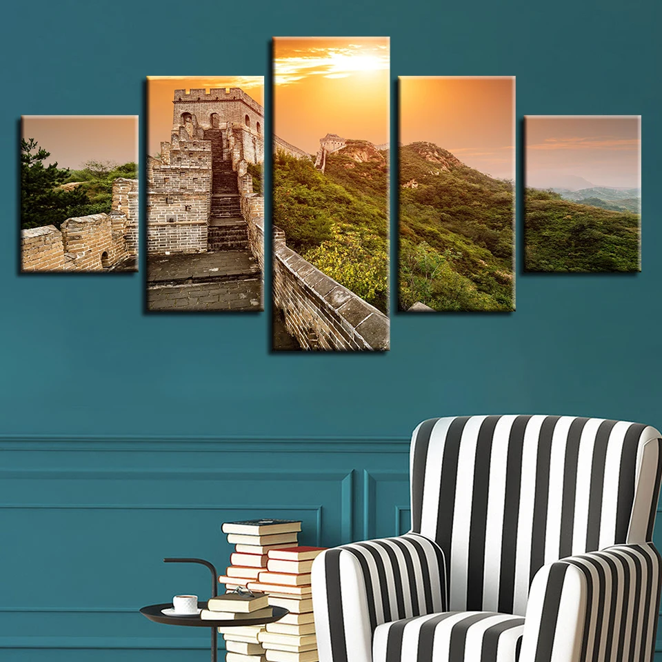 Картины в рамке модульная 5 шт. китайская знаменитая Великая стена закат пейзаж