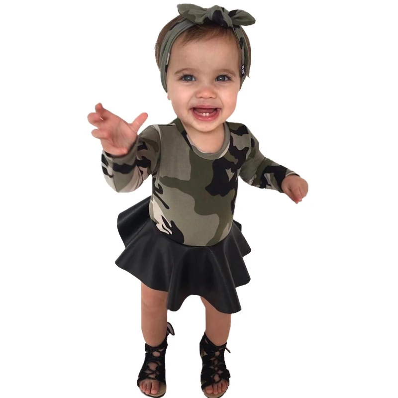 SOSOCOER Kids Girl Dress Autumn Winter New Fashion Camouflage PU Stitching Long Sleeve Children Dresses Headband Girls Clothes | Детская