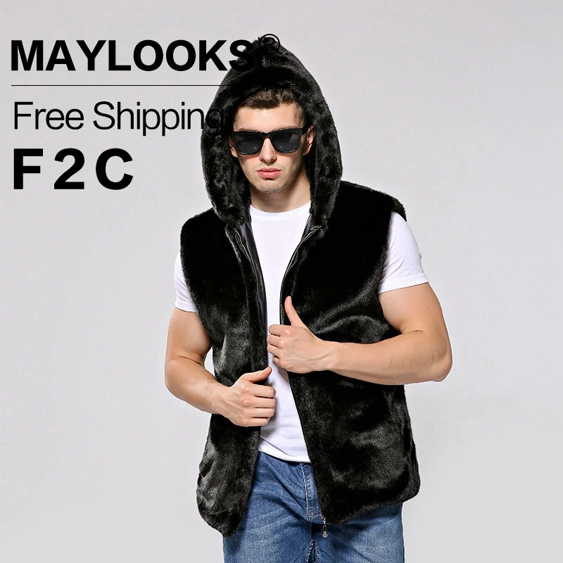 Men's Faux Fur Long Coat Brown/black Warm And Comfortable Winter New Brand Maylooks Hn128