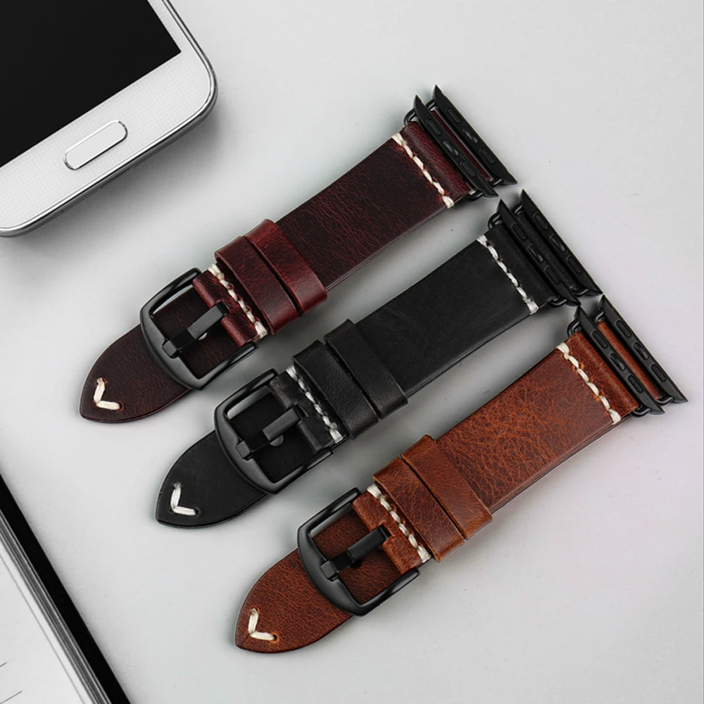 Ремешок MAIKES из натуральной кожи для Apple Watch Band 44 мм 40 42 38 Series 6 5 4 3 2 черный браслет