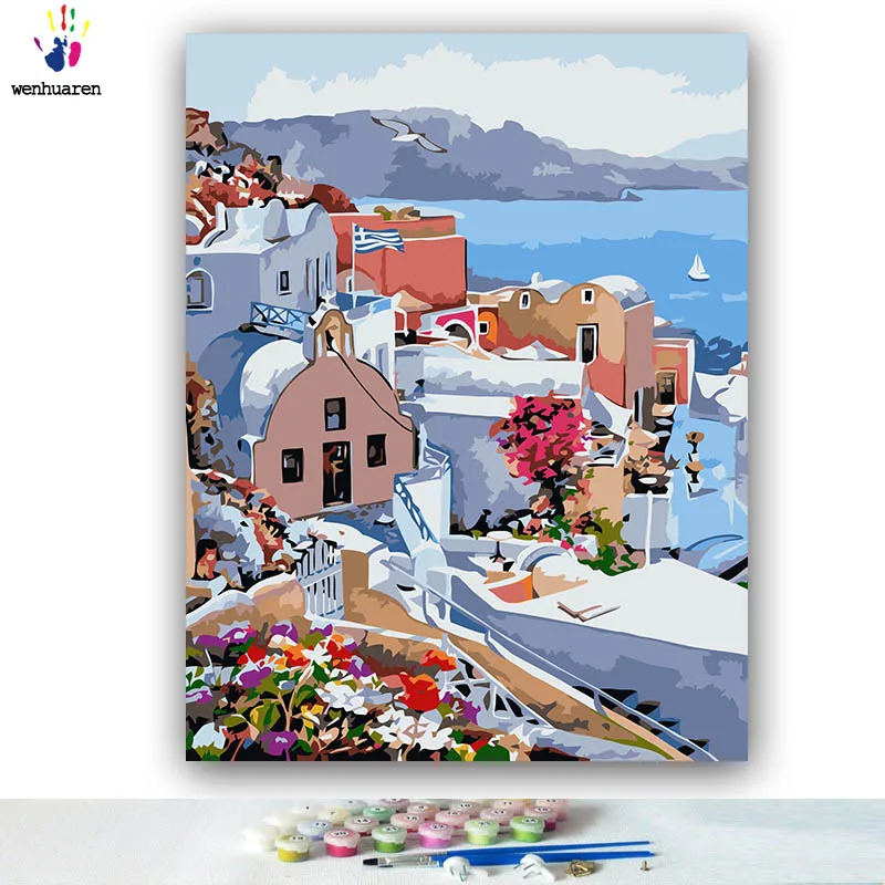 DIY colorings pictures by numbers with colors Floating city Seaside town picture drawing painting framed Home | Дом и сад