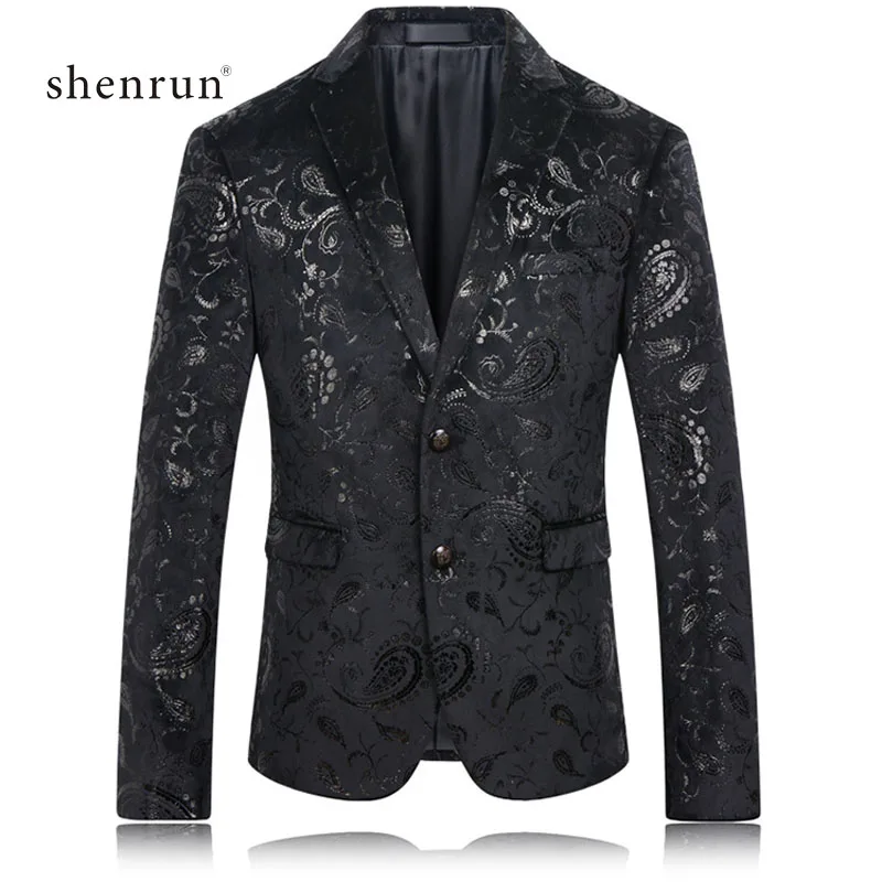 black SHENRUN черный блейзер для мужчин цветочный Повседневный Тонкий Блейзер Новое поступление модные вечерние однобортный мужской пиджак плюс полный - Цвет: black