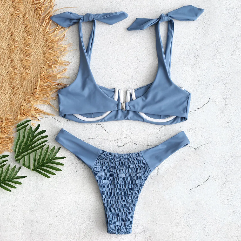 Женский купальник бикини ZAFUL однотонный купальный костюм на косточках с v