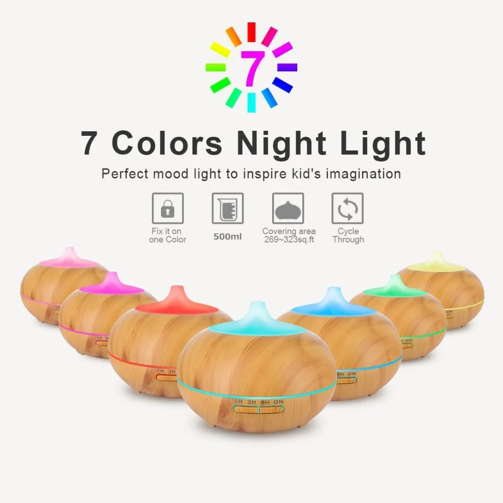 500ml Aroma Essential Oil Diffuser Ultrasonic Air Humidifier with Wood Grain 7Color Changing LED Light electric aroma mist maker