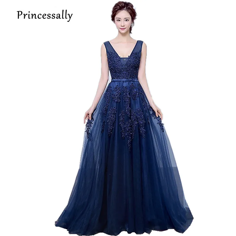 Темно синие платья подружки невесты со шлейфом кружевной вышивкой бисером