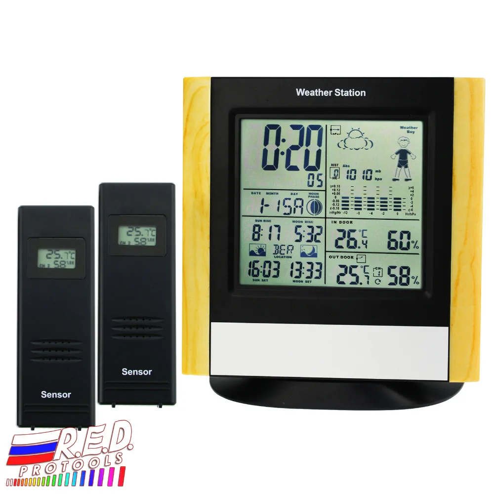 

Weather Station 2 Wireless Sensors, WWVB DCF Radio Controlled Clock Thermometer, Indoor Outdoor Humidity Temperature Forecast
