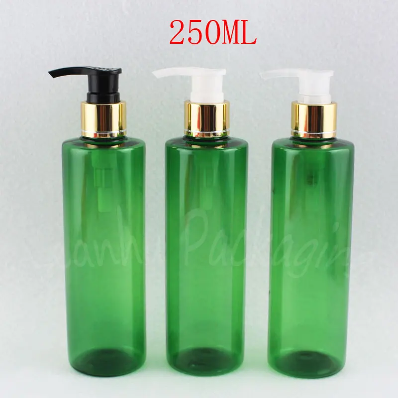 250ML Green Flat Shoulder Plastic Bottle , 250CC Empty Cosmetic Container , Shower Gel / Lotion Packaging Bottle ( 25 PC/Lot )