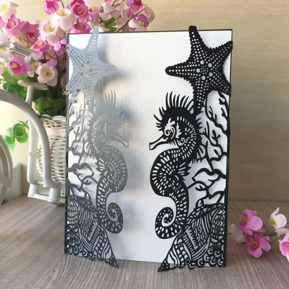 

35pcs/lot Laser Cut Pearl Paper Sea Horse Pattern Tropical Wedding Invitation Card Sea Beach Theme Marriag Invitation Card