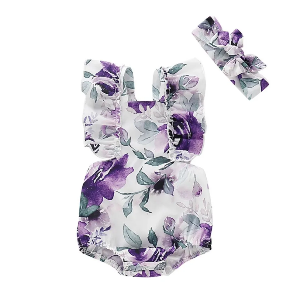 Летняя одежда для новорожденных девочек Детский комбинезон с повязкой на голову
