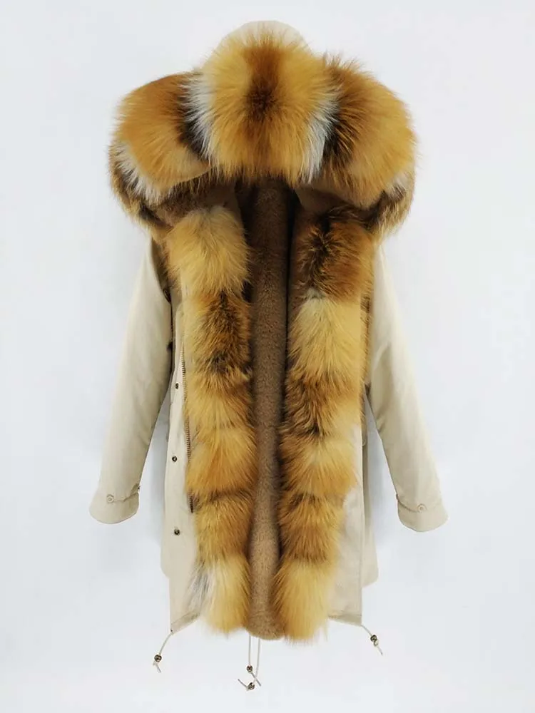 Red fox fur Непромокаемая Длинная зимняя парка Куртка женская Меховое пальто Воротник мех лисы Теплая уличная мода новая - Цвет: Red fox fur