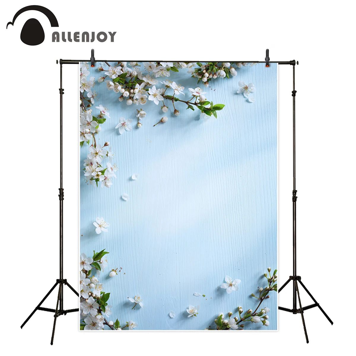 

Allenjoy backgrounds for photography studio Blue Woodboard Small white flowers Fresh spring Valentine's Day backdrop photocall