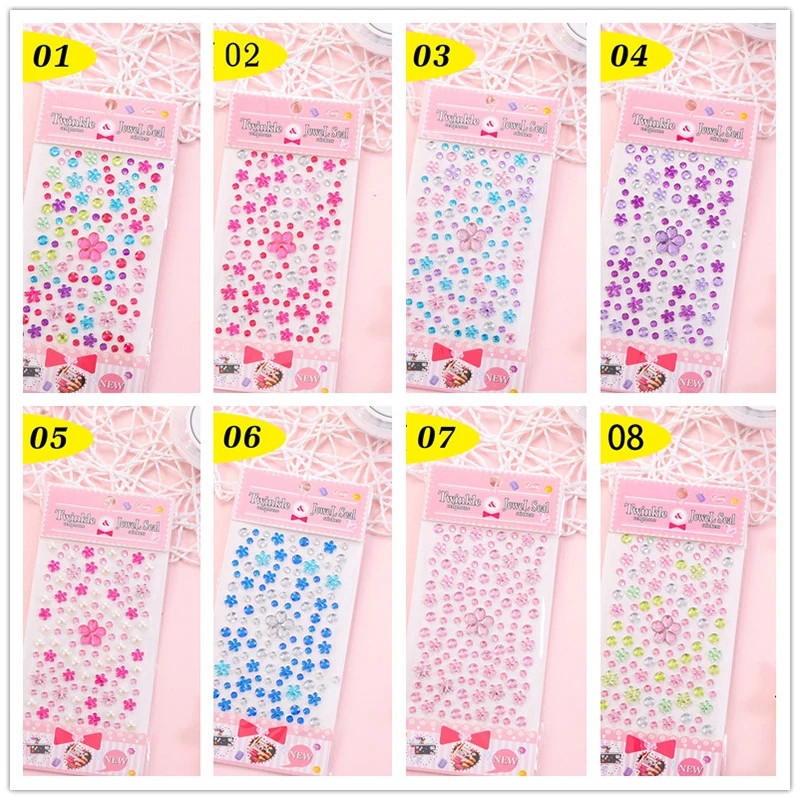 Flower Shape Sticker DIY Rhinestones Beads Sticker Phone Cup Decor Kids Self Adhesive Scrapbooking Children 1 Sheet