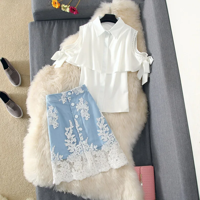 Кружевная Лоскутная джинсовая юбка Женский комплект 2 шт. шифоновый с открытыми