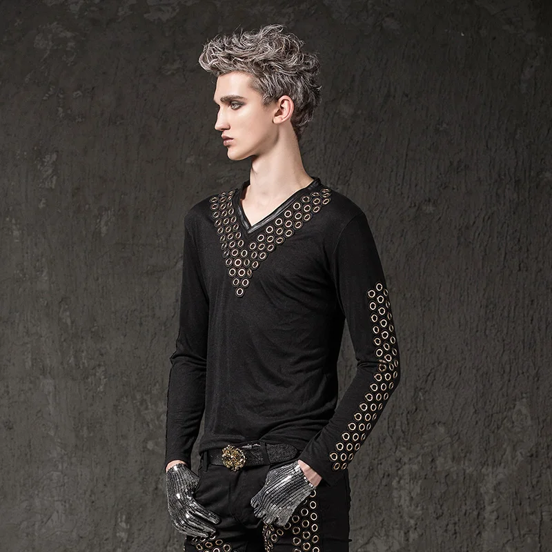 Мужская футболка с длинными рукавами Runk Rock черная V-образным вырезом и заклепками