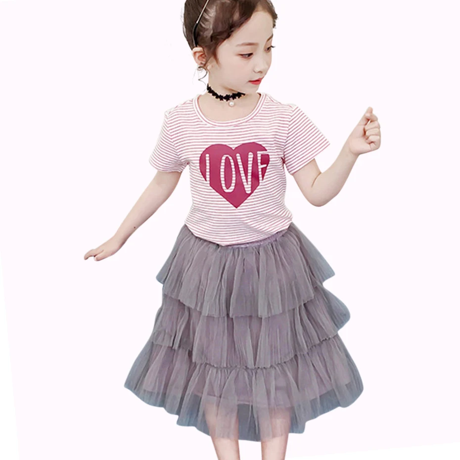 Одежда для девочек рубашка с рисунком сердца + сетчатая юбка одежда из 2 предметов