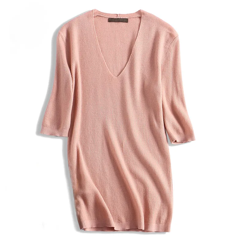 pure fine wool thin knit women fashion spring summer pullover sweater short sleeve M/L