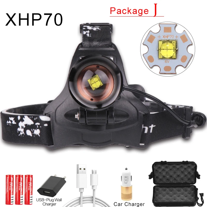 Package J 7000лм светодиодный налобный фонарь xhp70.2 самый мощный налобный светильник usb Zoom xhp70 xhp50 высокомощный налобный фонарь для рыбалки Фонарь налобный светильник для кемпинга - Испускаемый цвет: Package J