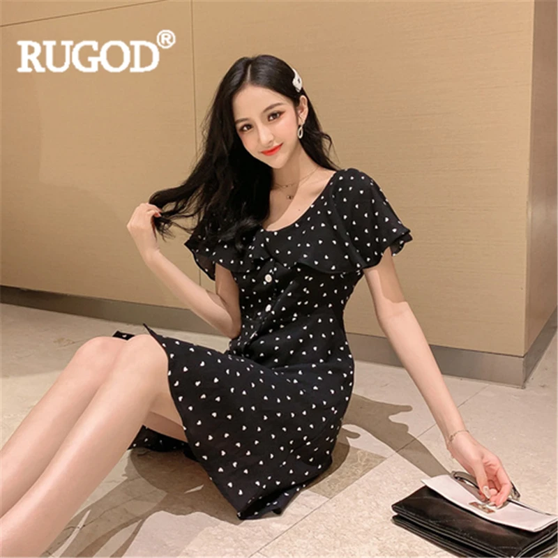 RUGOD Women chiffon mini dress ruffled dot butterfly sleeve high waist a-line elegant 2019 new arrival fashion vintage | Женская одежда