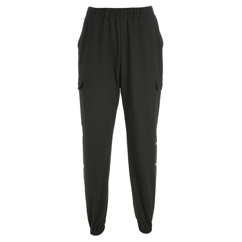 Sweetown черный уличная Pantalon Femme с боковой пуговицей женские спортивные штаны с высокой талией и джоггеры корейская мода Хиппи шаровары