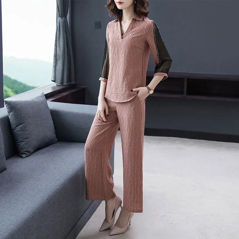 Женские свободные блузки в полоску с сеткой + широкие брюки комплекты из 2