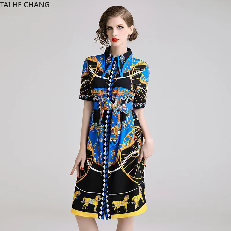 

Women Dress Summer Spring Elegant Bodycon Vintage Party Runway Casual Print Short Sleeve Midi with Belt Shirt OL Work Dresses