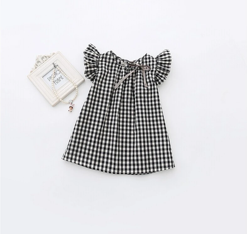 Hurave Summer Style New Fashion Black White Plaid Girl Dresses Puff Sleeve Baby Kids Clothing Casual Dress Vestidos | Детская одежда и