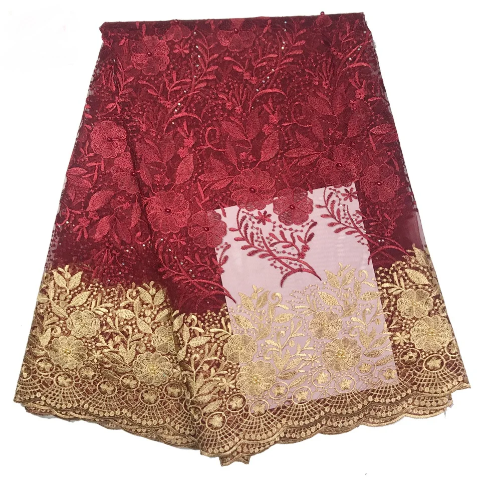 African Lace Fabric 2019 High Quality Wine Bridal With Beaded Nigerian Tulle Mesh Fabrics | Дом и сад
