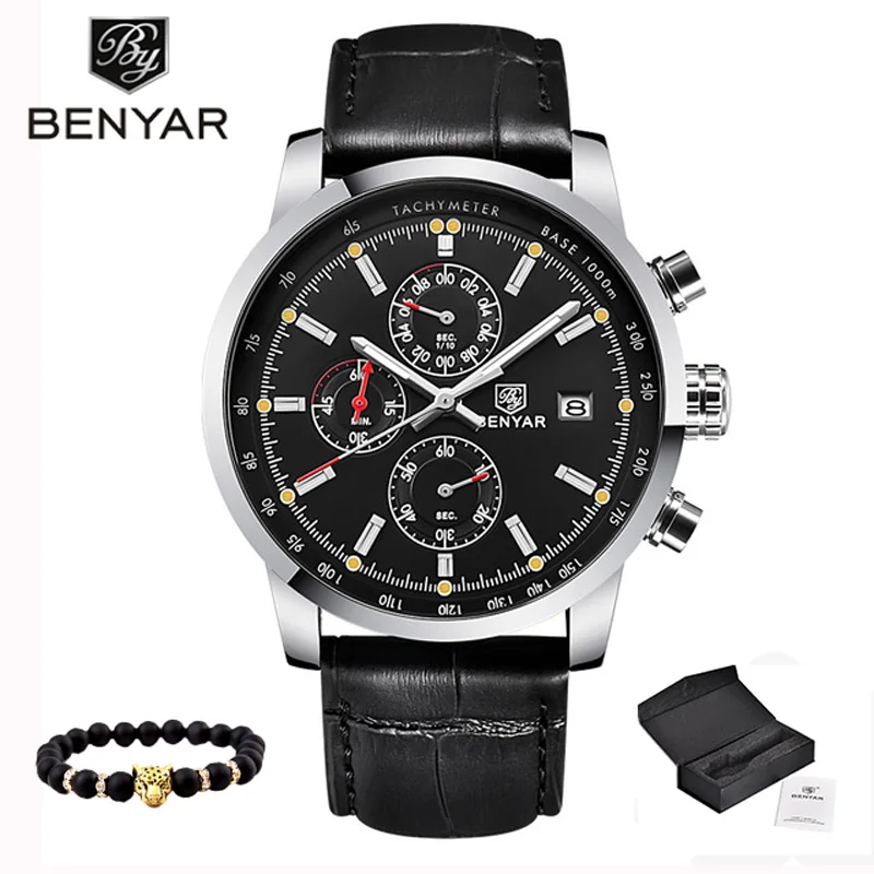 Silver-Black BENYAR мужские повседневные модные часы мужские спортивные часы роскошные кожаные водонепроницаемые противоударные кварцевые часы черные простые мужские часы - Цвет: Silver-Black