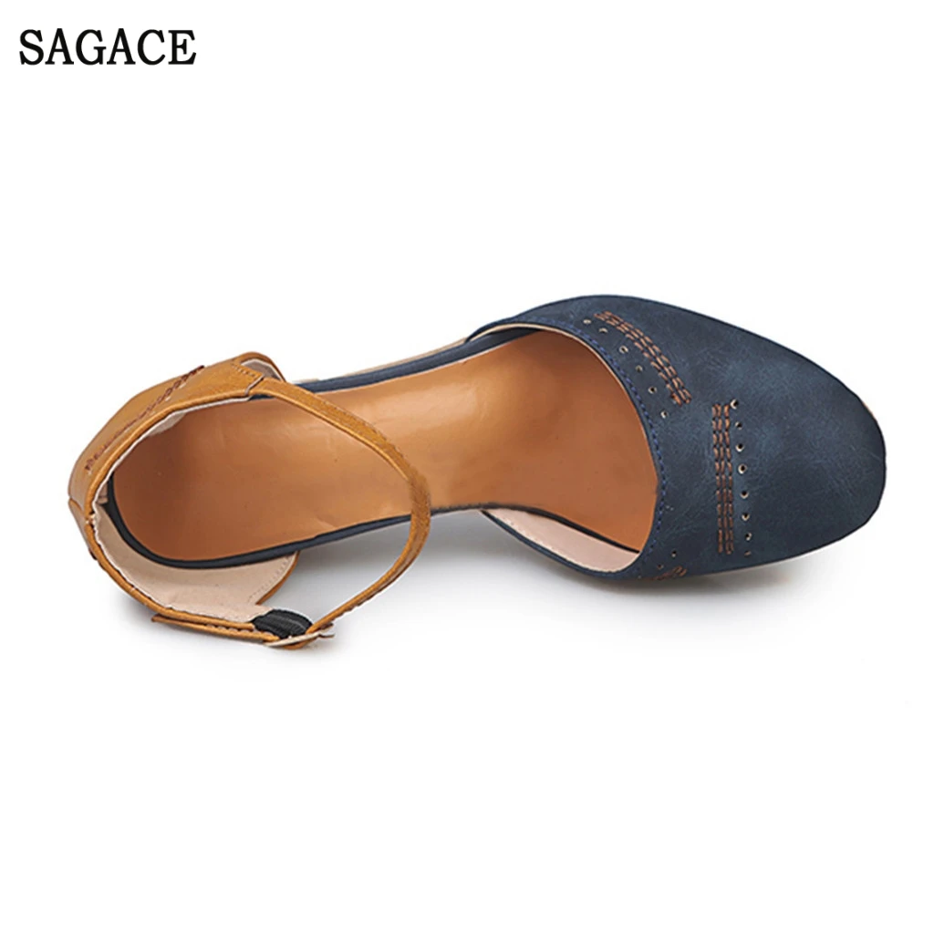 SAGACE/Винтажные римские туфли на высоком каблуке; туфли-лодочки; босоножки на квадратном каблуке; обувь с ремешком сзади; женская обувь на толстом каблуке; сезон весна-осень