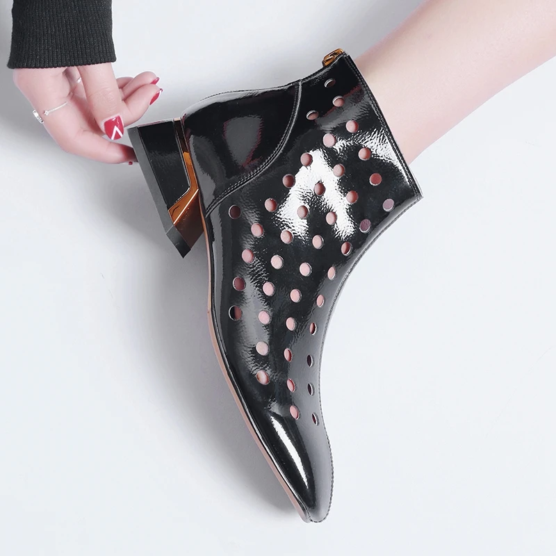

Fretwork Boots Women Spring Summer Low Chunky Heel Square Toe Side Zip Pumps Short Ankle Shoes Hollow Out Retro Sandal boots