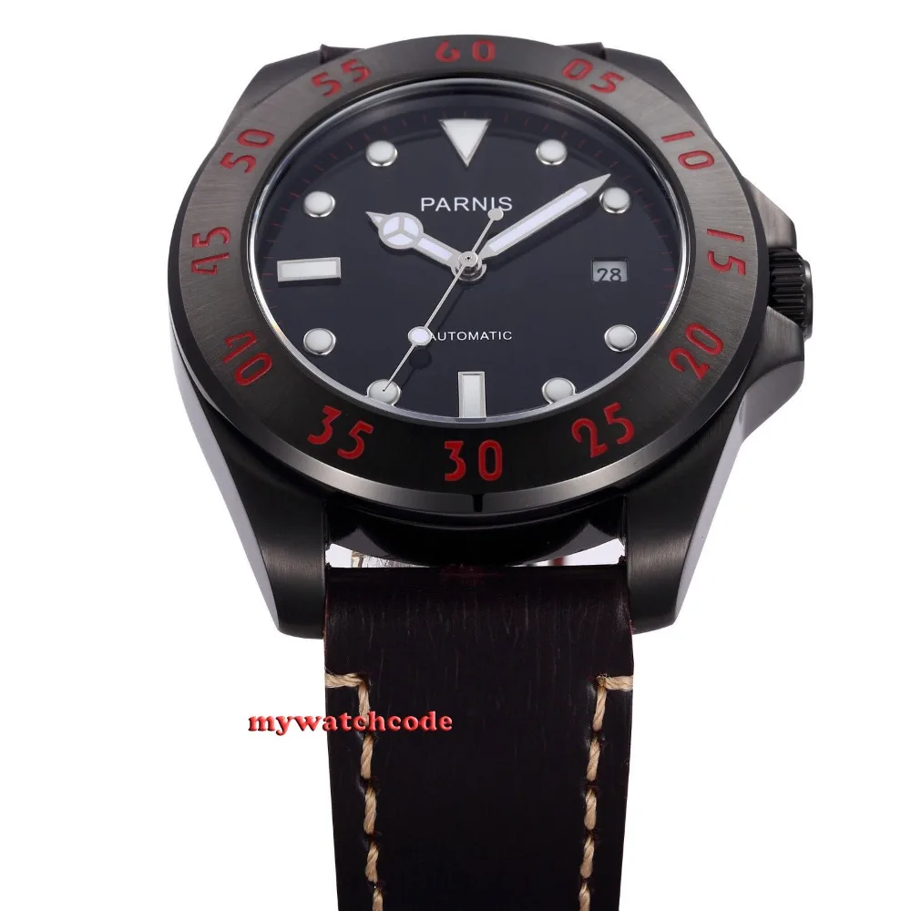 Мужские автоматические часы с сапфировым стеклом Parnis черным циферблатом PVD 21