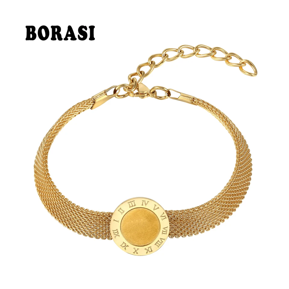 Браслеты BORASI для женщин, регулируемые браслеты с круглыми римскими цифрами, ювелирные изделия из нержавеющей стали, браслеты золотого цвета