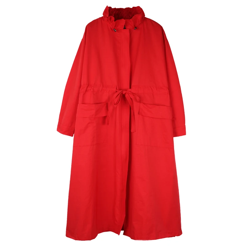 Trench Coats Plus Size Woman 2020Autumn Winter Oversized Red Black Long Elastic Waist Fashion Coat Outwear Female 4XL | Женская одежда