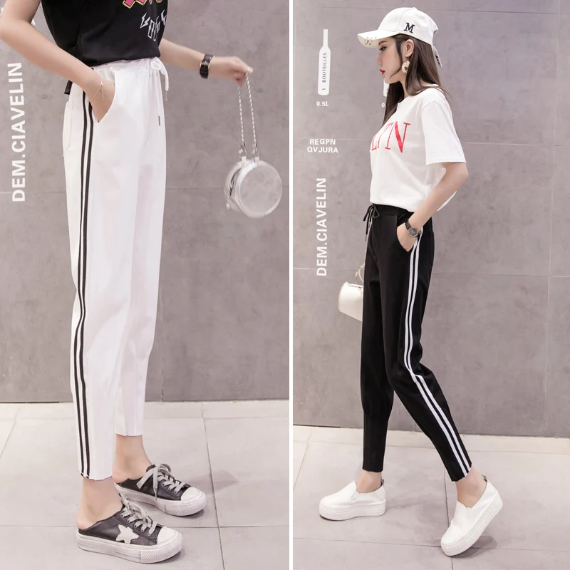 2018 топ модные женские полосатые шаровары черные повседневные штаны с высокой