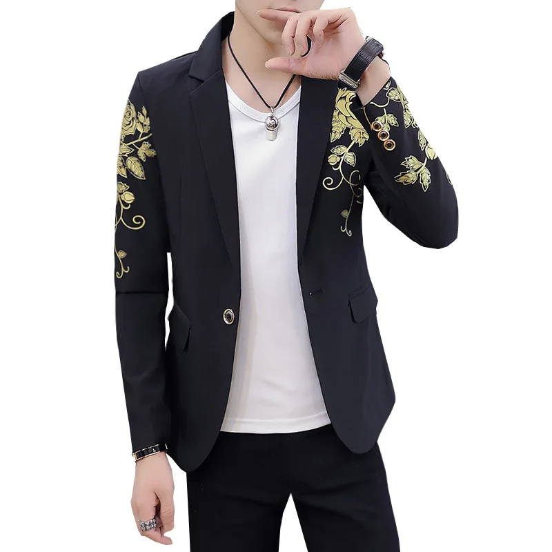 

2019 Fashion Single Button New Casual Men's White Black Men Blazers Long Sleeves Printing Banquet Suits Blazer S/M/XL/3XL