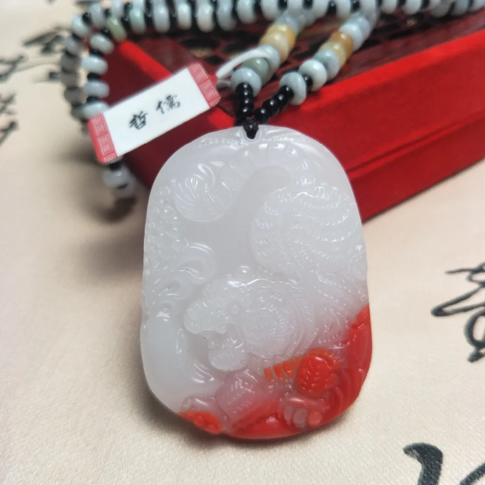 

Zheru Jewelry Pure Natural Chicken Blood Jade Carving Tiger Pendant Tricolor Jade Bead Necklace Send National Certificate