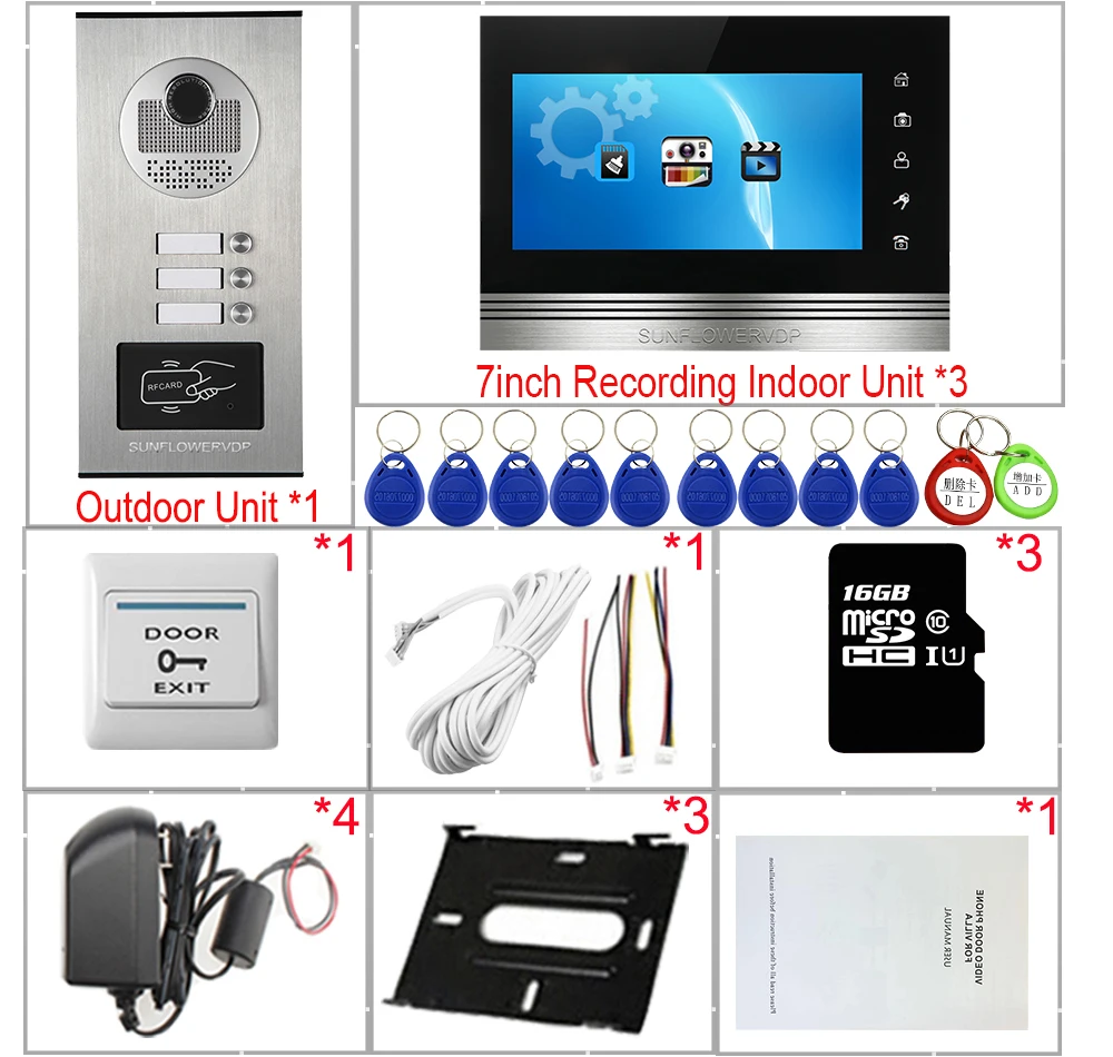 7inch Color Video Intercom With Recording + 16 GB TF Card Video Intercom for Apartments Access Control Video Intercom 3 Monitors