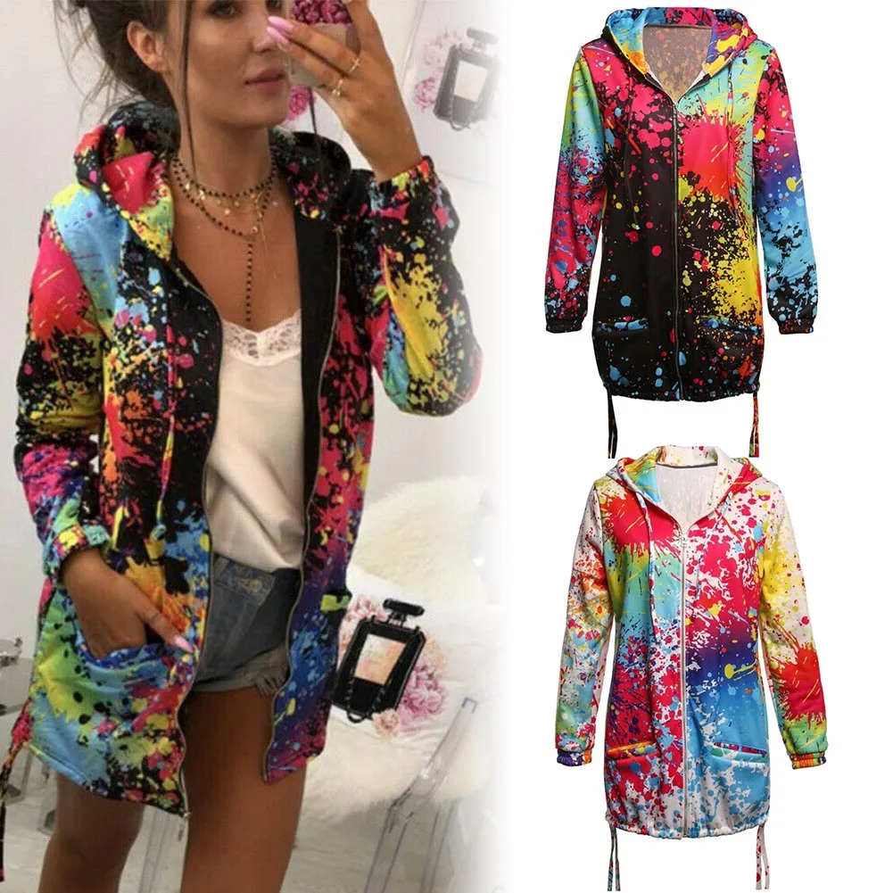 

Newly Women Rainbow Graffiti Style Jacket Coat Printing Long Sleeve Breathable for Autumn m99
