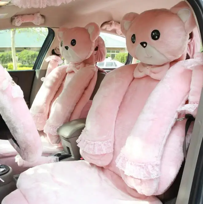 MMBear милый мультфильм универсальный чехол для автомобильных сидений плюшевая кружевная Подушка сиденья 9 шт для женщин автомобильные аксессуары для интерьера-красный - Название цвета: pink