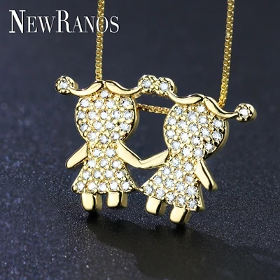 girl and girl Newranos, милая Подвеска для мальчика, Очаровательное ожерелье, кубический цирконий, семейная любовь, мама мамочка, ожерелье для мамы, подарок, модное ювелирное изделие - Окраска металла: girl and girl